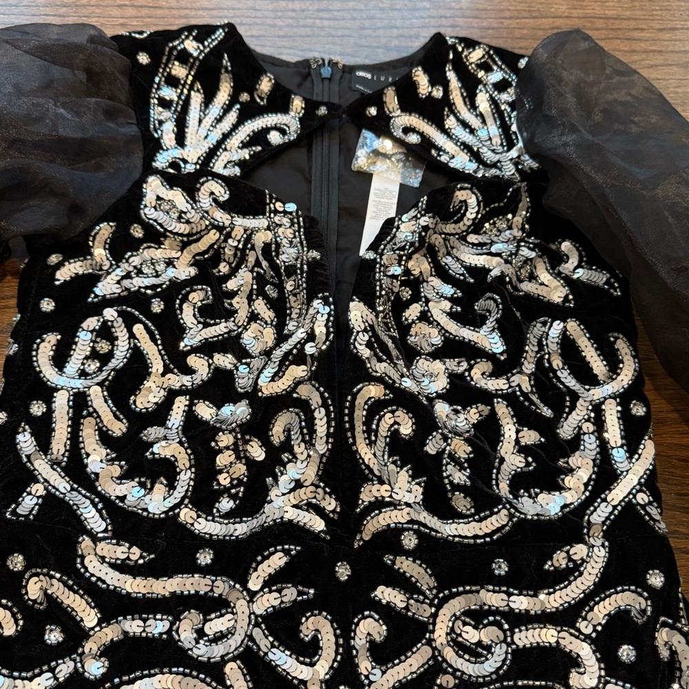 ASOS LUXE Keyhole Plunge Embellished Mini Dress with Sheer Bishop Sleeves NWT - Picture 3 of 15